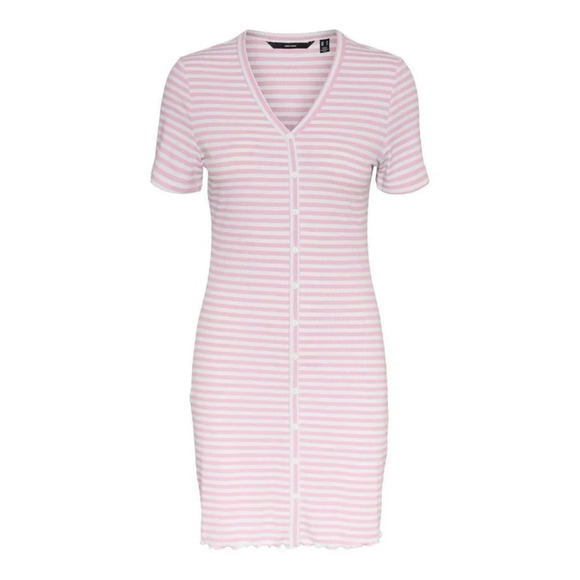 VERO MODA Aria‎ Short Button Dress In Roseatte Spoonbill Stripes Size L NWT - Picture 1 of 9